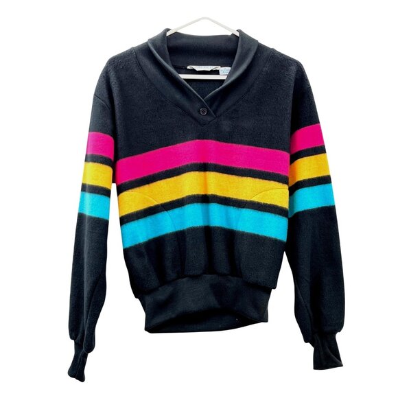 Vintage Favorites Fleece Pullover Womens M Used 80s Striped Shawl Collar - Picture 1 of 12
